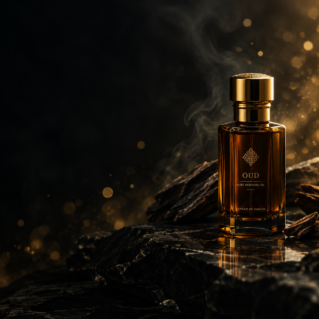 Dark amber oud perfume bottle with golden light on black stone
